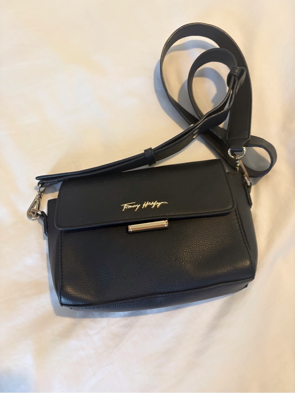 Tommy Hilfiger Black Pebbled Leather Crossbody with Gold Hardware